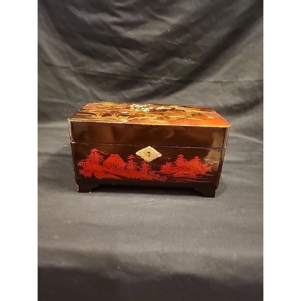 Vintage Japanese Black Lacquered Music Jewelry Box Mother Of Pearl Painted Works